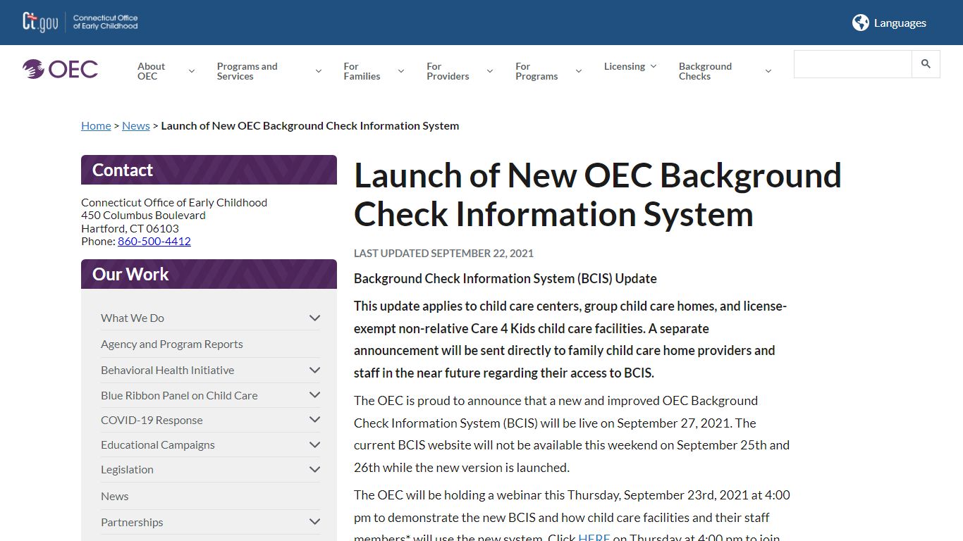Launch of New OEC Background Check Information System