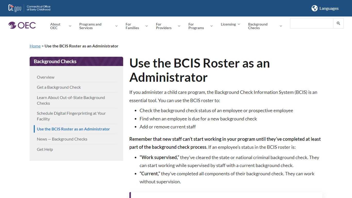 Use the BCIS Roster as an Administrator - Connecticut Office of Early ...